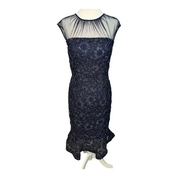 Aidan Mattox Women's Illusion Lace Midi Dress Navy Blue Size 2 Formal - Picture 1 of 7